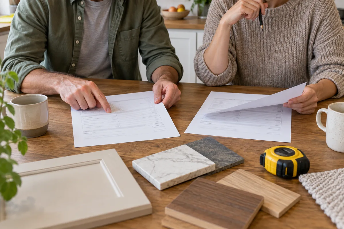 Two people comparing proposal pages and material samples at a kitchen table