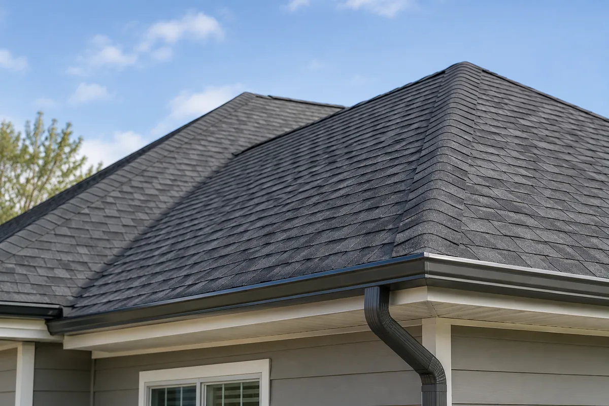 A finished residential roof with grey shingles, flashing and guttering