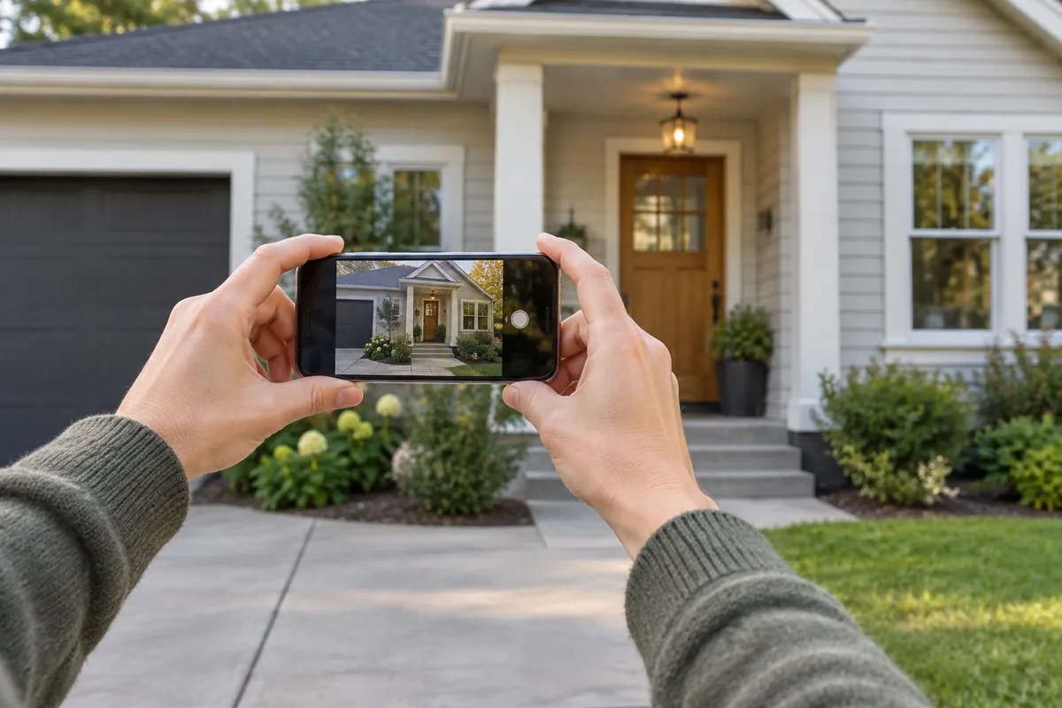 A homeowner's hands using a phone to photograph a home's exterior
